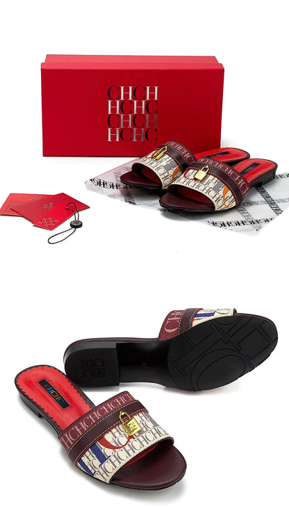 High Quality Metal Lock Monogram Print Women's Low Heeled Slippers Delicate and Versatile Women's Fashion Slippers