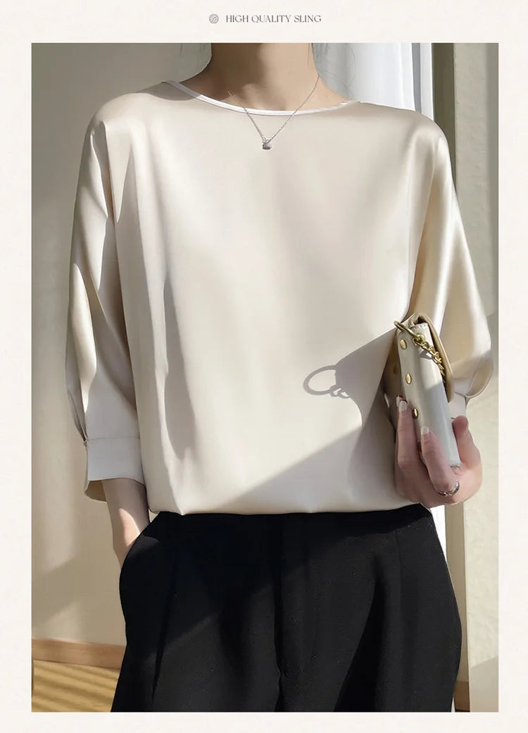 2026 New In Summer Satin Silk Half-Sleeve Tee Tops Basic Solid Women‘s T-Shirt Casual O-neck Thin Shirts Ladies Loose Blouses