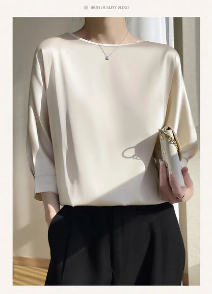 2026 New In Summer Satin Silk Half-Sleeve Tee Tops Basic Solid Women‘s T-Shirt Casual O-neck Thin Shirts Ladies Loose Blouses