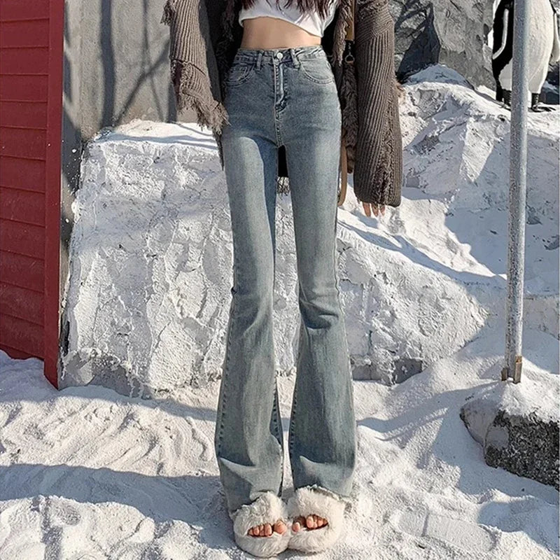 2024 Woman High Waist Vintage Flare Jeans Female Gothic Elastic Bell Bottom Pants Lady Streetwear Blue Black Grey Denim Trousers