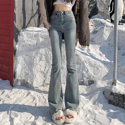 2024 Woman High Waist Vintage Flare Jeans Female Gothic Elastic Bell Bottom Pants Lady Streetwear Blue Black Grey Denim Trousers
