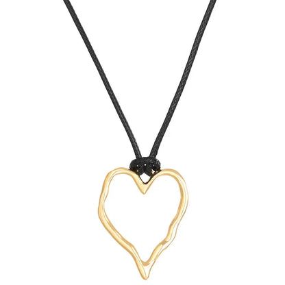 Vintage Irregular Punk Metal Bean Pendant Necklace for Women Adjustable Black Leather Rope Long Clavicle Chain Charm Jewerly