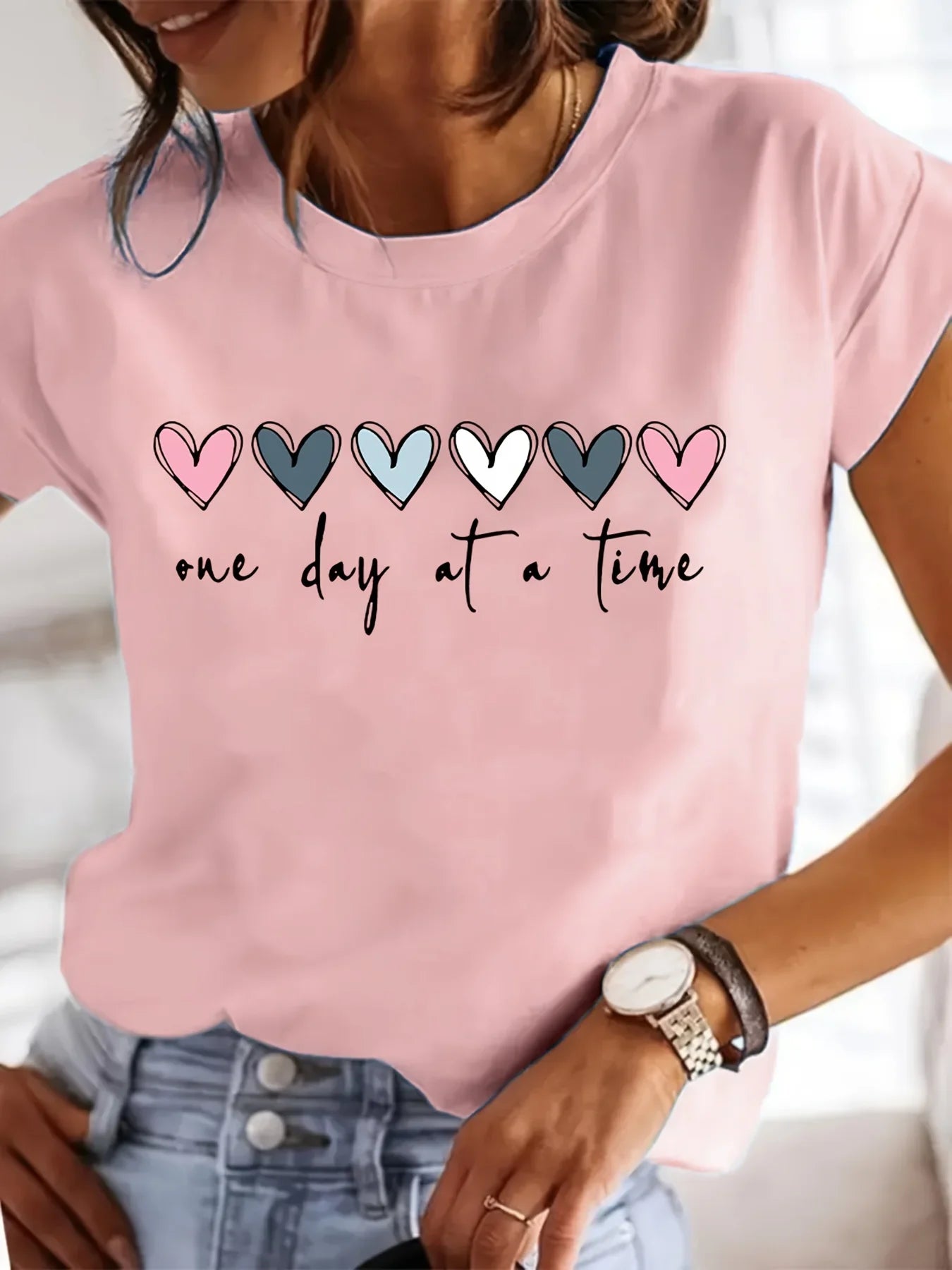Women'S Casual Graphic T-Shirt - It'S One Day at a Time Heart Print, Short Sleeve Round Neck Top for Spring & Summer