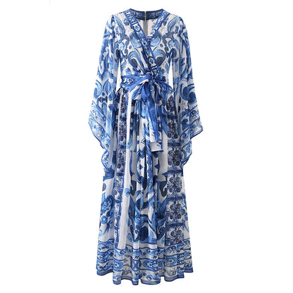 Red Blue And White Porcelain Print Holiday Dress Summer Vintage Bohemia Dress Women's  Loose Lace Up Belt Long Robe Vestido