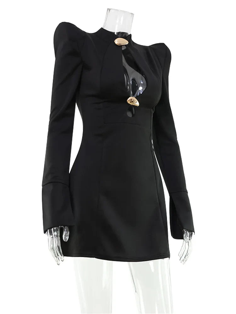 Elegant Women's Mini Dresses Solid Sexy Bodycon Slim Fit Hollow Out Regular Long Flare Sleeve A Line Trend Casual Female