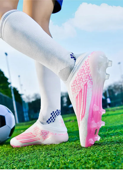 Men High Top Soccer Cleats Firm Ground Stud Sole Breathable Wear Resistant Outdoor Lawn Match Training Football Shoes