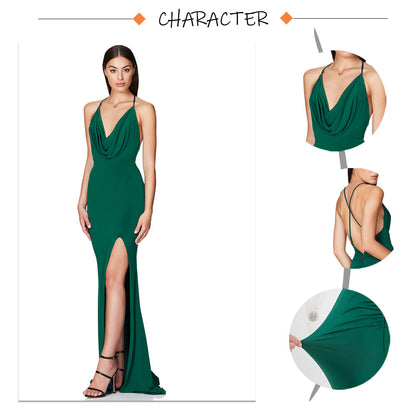 Cowl Neck Backless Cross Straps Split Stretch Bridesmaids Dress Wedding Guest Mermaid Sleeveless Slim Party Evening Gown