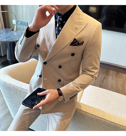 (Jackets+Pants) Luxury Double Breasted Design Slim Fit Suit High Quality Fashion Men's Wedding Social Suit Tuxedo 2 Piece Set