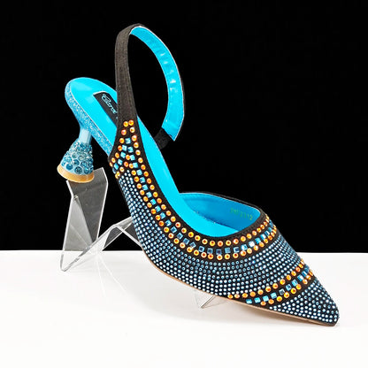 Italian Pumps and Bag To Party 2024 INS Style Pointed-Toe Rhinestone Elegant High Heels Champagne Wedge for Women