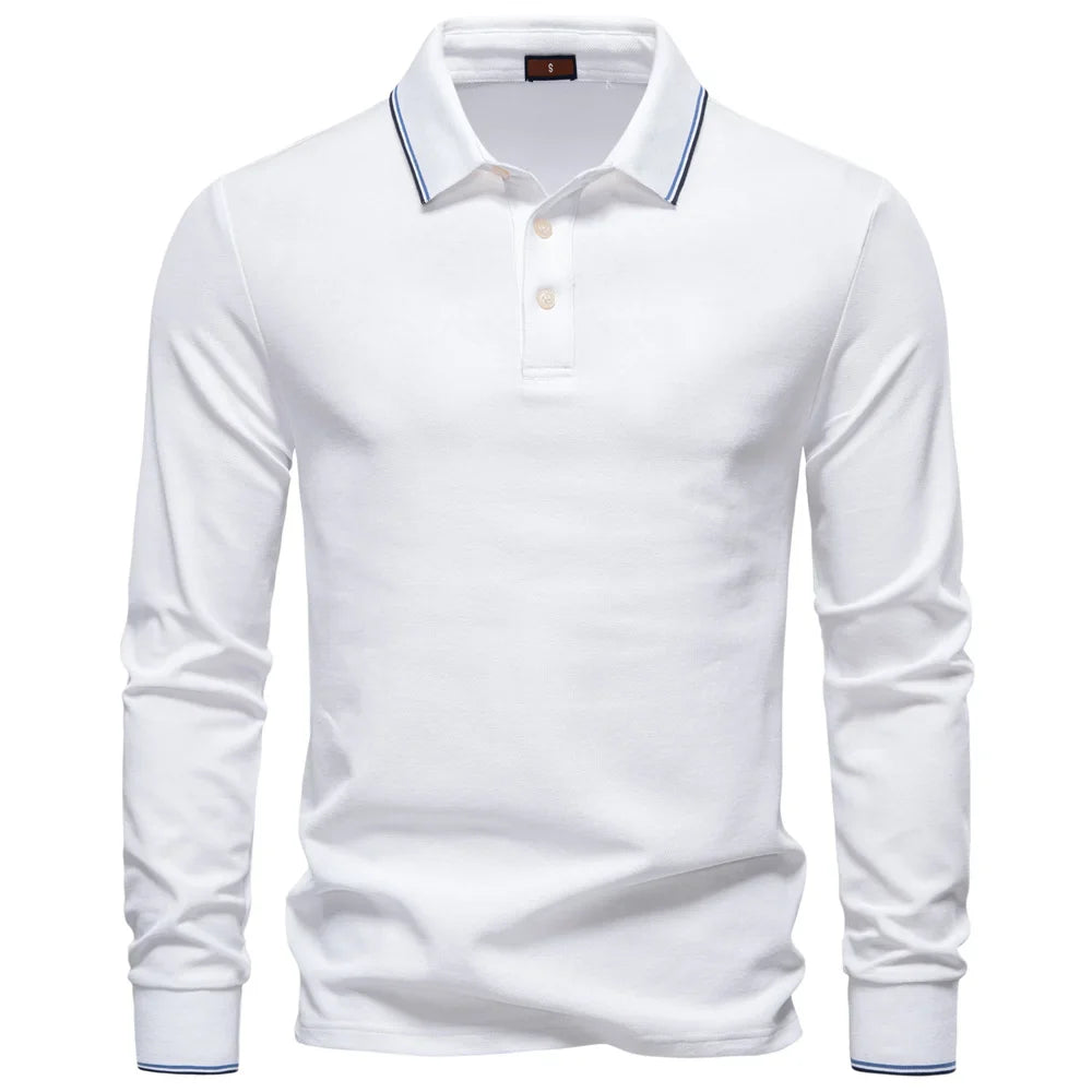 Men's Henley Neck Polo Shirt Cotton Solid Color Long Sleeve Autumn Winter Premium Luxury Mens Top