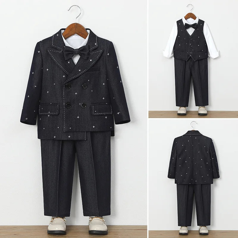 Autumn Children Boys Wedding Suit Star Printed Blazer Vest Pant 3/4/5Pcs Suit Outfit Set Formal Elagant Suit For Boys 1-10 Years
