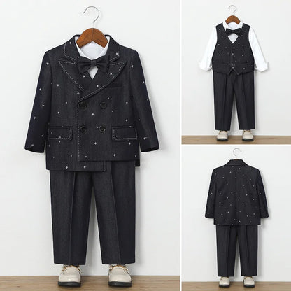 Autumn Children Boys Wedding Suit Star Printed Blazer Vest Pant 3/4/5Pcs Suit Outfit Set Formal Elagant Suit For Boys 1-10 Years