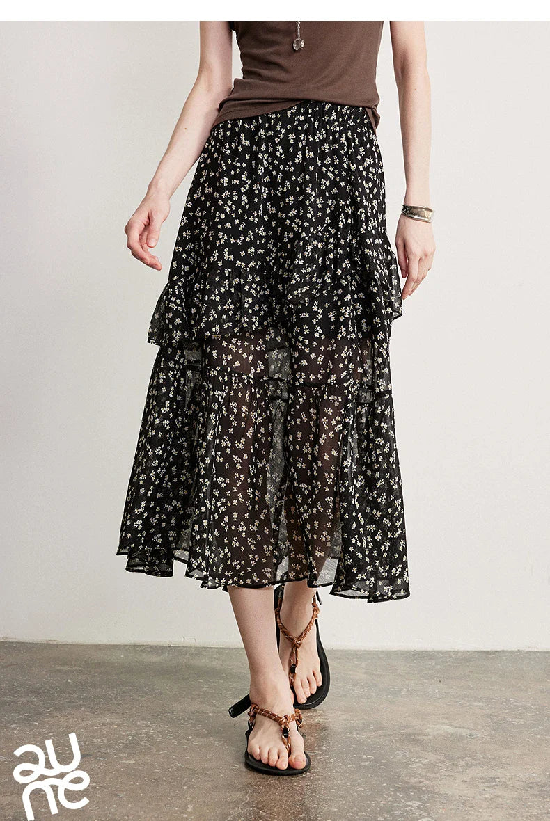 Women Chiffon Skirt 2026 Spring New Country Style Light and Flowing Floral Print Layered Ruffled Skirt
