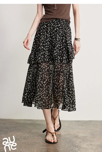 Women Chiffon Skirt 2026 Spring New Country Style Light and Flowing Floral Print Layered Ruffled Skirt