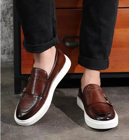 Fashion Men's Casual Shoes Snakeskin Grain Leather Men Retro British Style Loafers Monk Shoes Mens Slip-on Outdoor Driving Flats