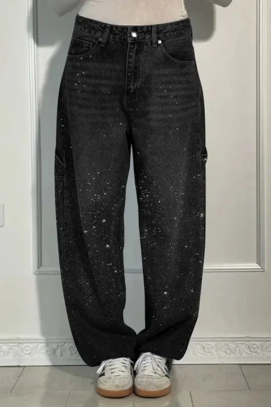 Calça Jeans Feminina Mom Pantalona Perna Larga Hot Drilling Cintura Alta Reta Y2k Streetwear Casual Punk Solta