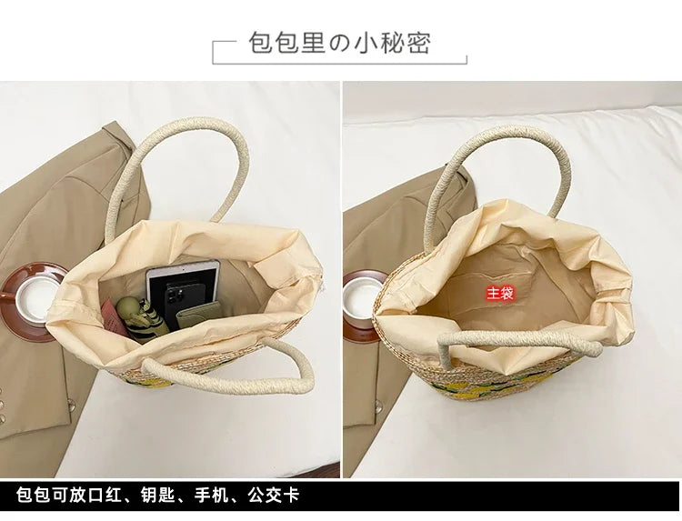 Embroidery Fruit Solid Color Shoulder Bag Straw Woven Hollow Versatile 2025 High Quality Bags for Women New Beach Handbags