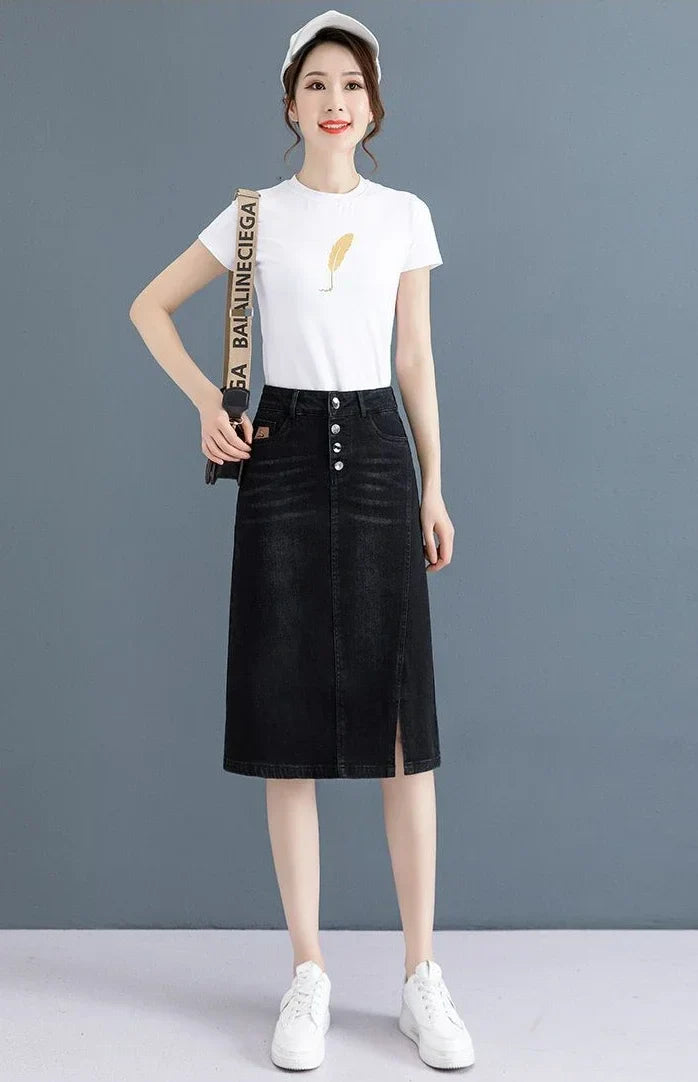 Chubby High Waist Female Jeans Skirts Blue Women's Denim Skirt with Pocket Midi To Knees Length 2025 Trend New in Y2k Vintage V