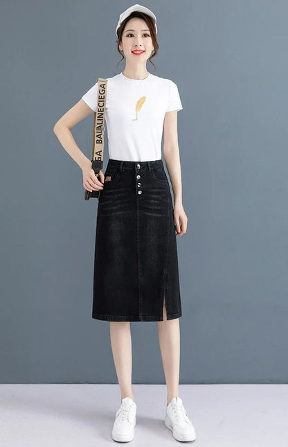 Chubby High Waist Female Jeans Skirts Blue Women's Denim Skirt with Pocket Midi To Knees Length 2025 Trend New in Y2k Vintage V