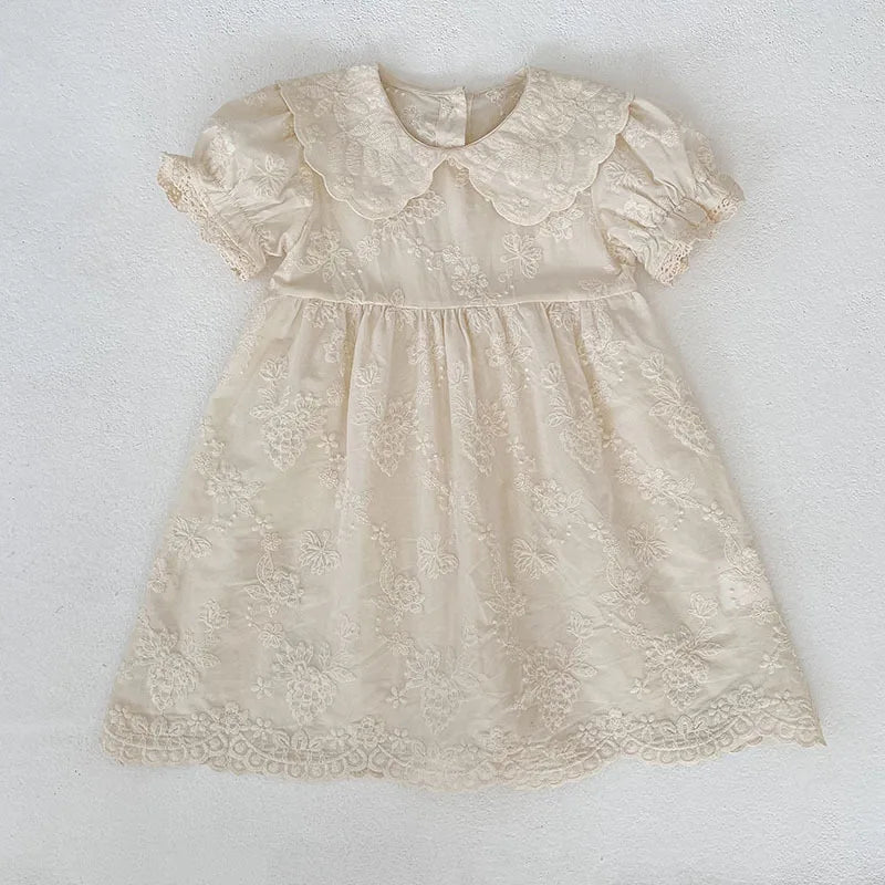 2026 Summer New Pure Cotton Embroidered Floral Short Sleeved Girl's Dress 2-6Yrs Versatile Adorable Korean Style Dress