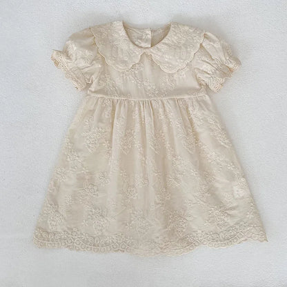 2026 Summer New Pure Cotton Embroidered Floral Short Sleeved Girl's Dress 2-6Yrs Versatile Adorable Korean Style Dress