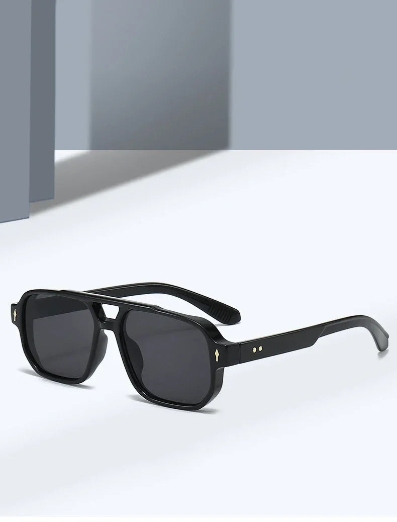Vintage Double Bridges Men Square Sunglasses Fashion Green Ocean Lens UV400 Eyewear Women Trending Rivets Sun Glasses