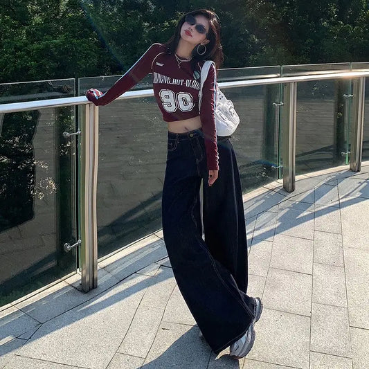 Vintage Washed Wide Leg Jeans Women Deep Blue High Waist