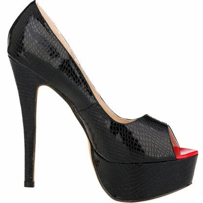 Women Sandals Sexy Pumps Patent Leather Platform Crocodile Pattern 14cm High Heels Peep Toe Stilettos Party Dress Wedding Shoes