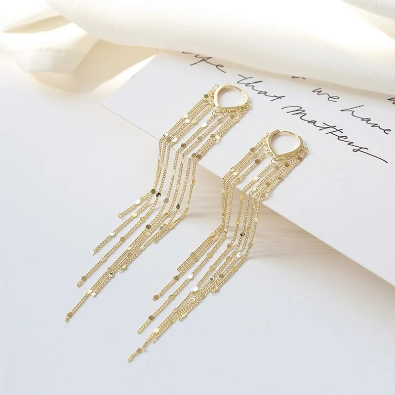 Gold Silver Color Long Tassel Heart-shaped Sequin Pendant Earrings for Women Fashion Boho Party Daily Wear Jewelry Accessories