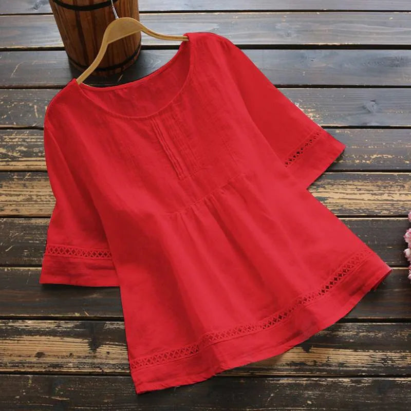 New Women's Elegant Cotton and Hemp Shirt Solid Color Casual Round Neck Hollow Half Sleeve Splicing Fashion Women's Top