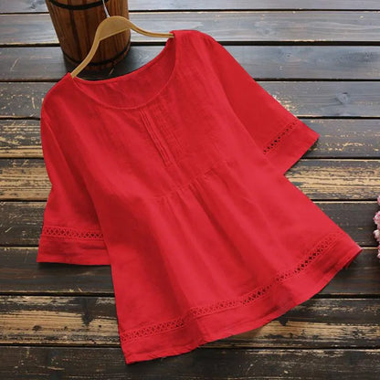 New Women's Elegant Cotton and Hemp Shirt Solid Color Casual Round Neck Hollow Half Sleeve Splicing Fashion Women's Top