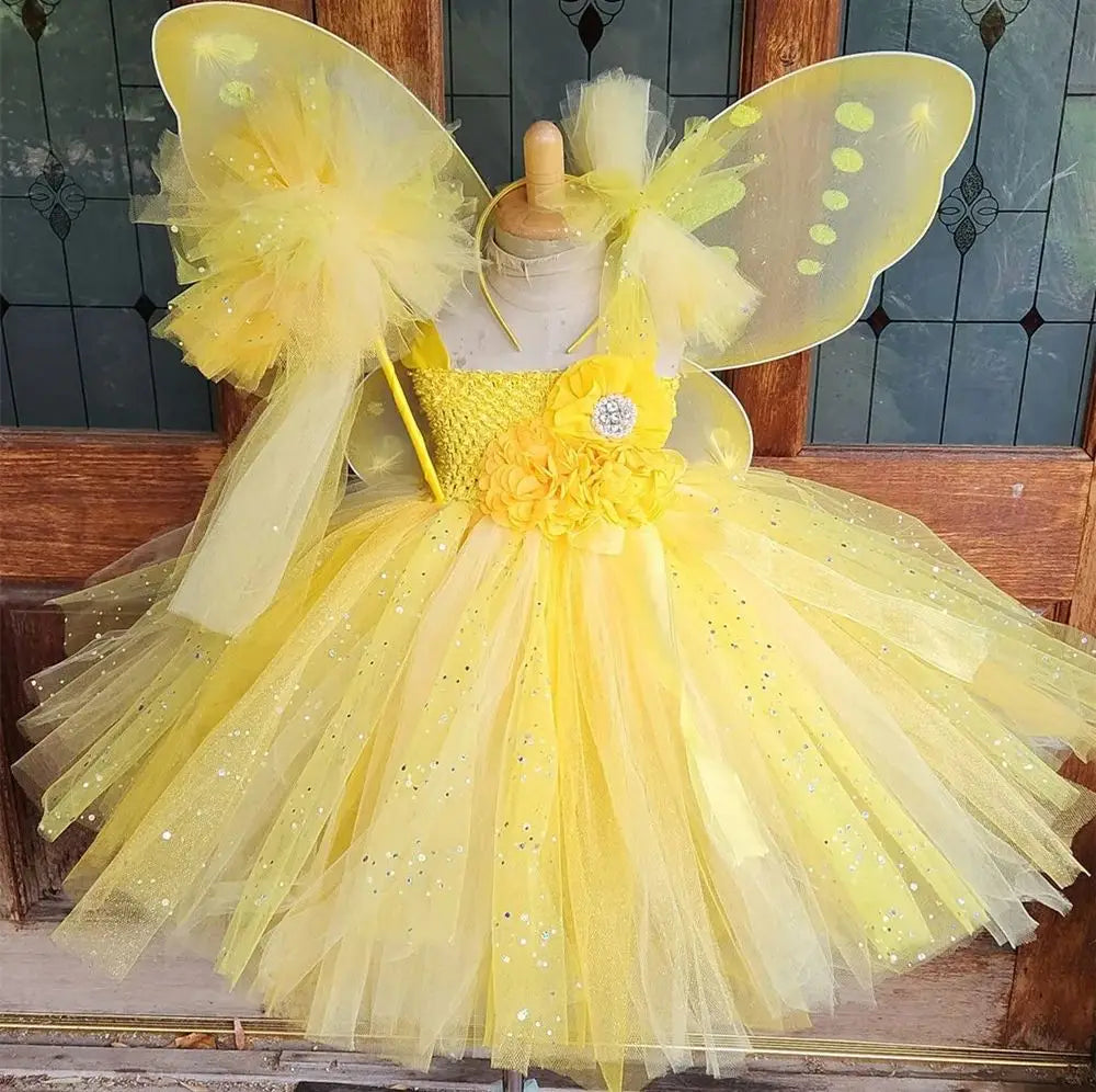 Girls Yellow Glitter Flower Fairy Dress Kids Butterfly Sparkled Tutus with Wing and Hairbow Children Party Costume Dress Outfits