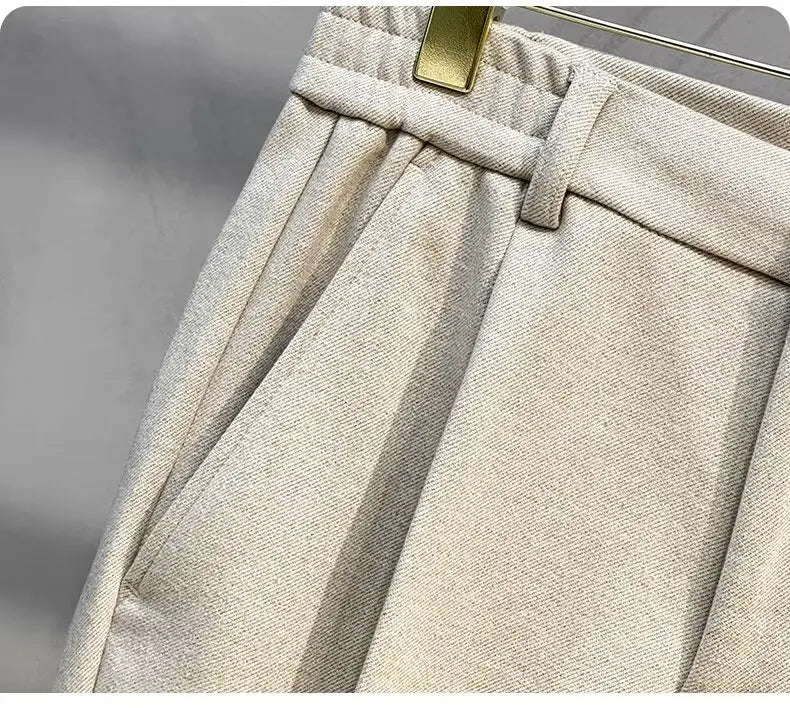 Men's Woolen Straight Leg Casual Pants Autumn Winter Thickened Fashionable Nine Point Pants mid Waist Pure Color Anti-Wrinkle
