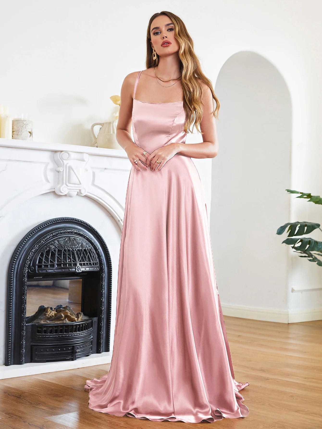 Women Sexy Prom Dresses Lace-Up Spaghetti Straps Backless Sling Evening Dress Satin A-Line High Split Maxi Train Party Gowns