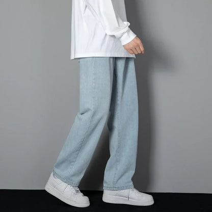 2026 New Korean Men's Casual Long Jeans Classic Man Straight Denim Wide-leg Pants Solid Color Light Blue Black 3XL Cargo Jean
