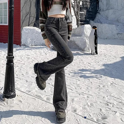 2024 Woman High Waist Vintage Flare Jeans Female Gothic Elastic Bell Bottom Pants Lady Streetwear Blue Black Grey Denim Trousers