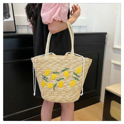 Embroidery Fruit Solid Color Shoulder Bag Straw Woven Hollow Versatile 2025 High Quality Bags for Women New Beach Handbags