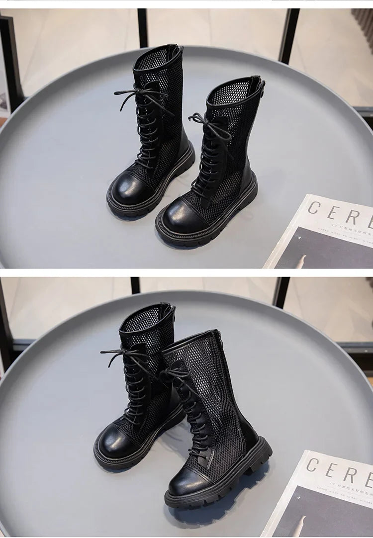 Children Summer Shoes Girls Fashion Sandals High-top Mesh Boots Net Breathable Shoelace Decoration with Zipper Cut-out Ins Style