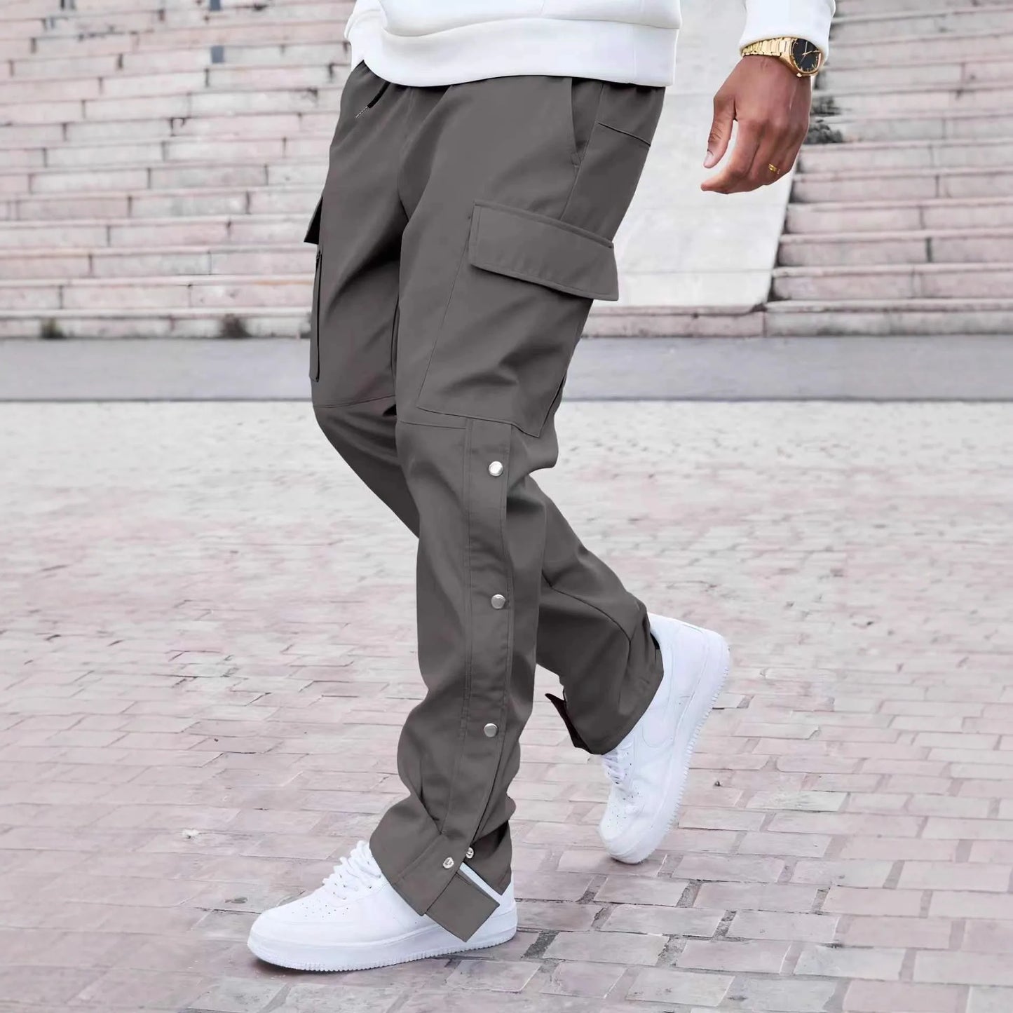 Younger generation school-style casual straight-legged drawstring men's trendy casual button-down long pants