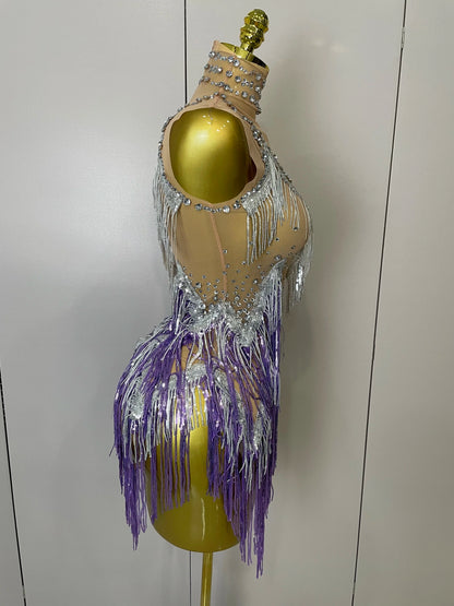 Women Sexy Stretch Mesh Sparkly Rhinestone Tassels Mini Dress Nightclub Singer Dance Stage Costume Evening Gowns