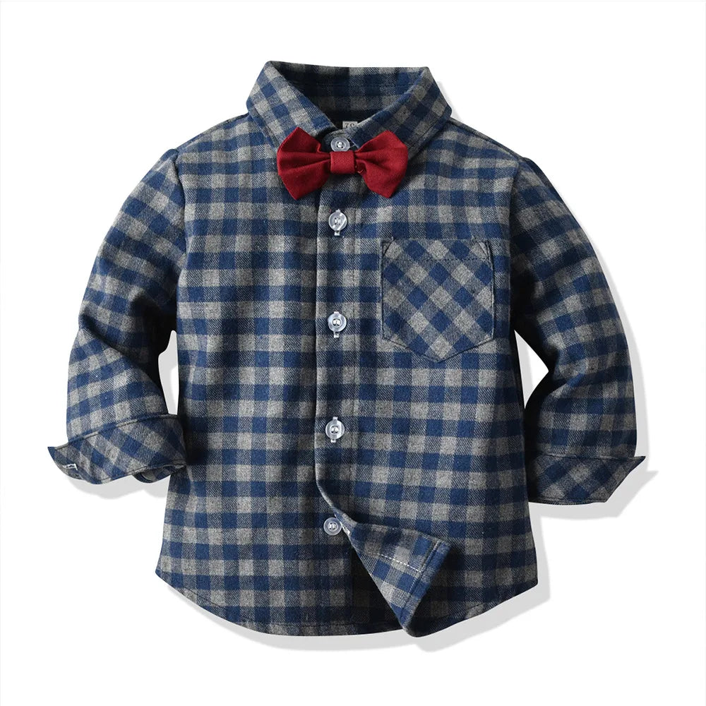 Children's Plaid Shirt and strap pants set for Boys with Bow Tie baby boy clothes 0 to 3Y Autumn Boys Clothes 70-130cm