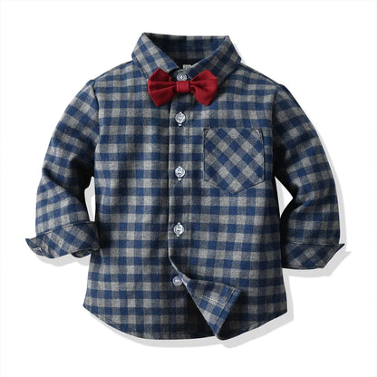 Children's Plaid Shirt and strap pants set for Boys with Bow Tie baby boy clothes 0 to 3Y Autumn Boys Clothes 70-130cm