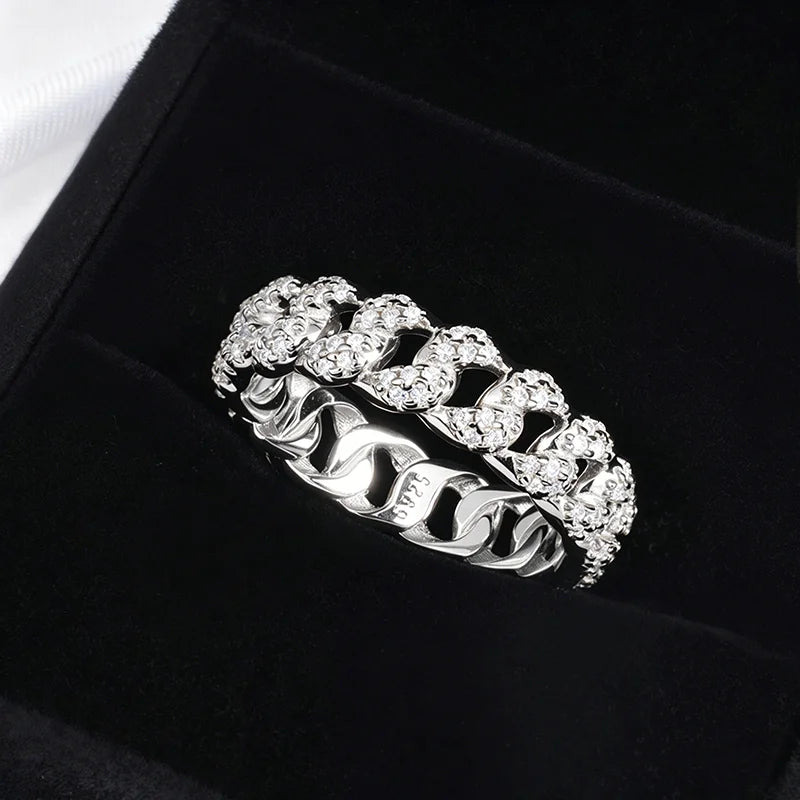 Moissanite Iced Out Cuban Link Rings Pure 925 Silver Bling Hip Hop Chain Ring for Women Men Couple Jewelry D Vvs1 Band