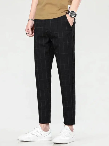 High Quality Plaid Stripe Ankle Length Pants Men Business Long Length Pant Straight Korea Grey Black Suit Formal Trousers Male