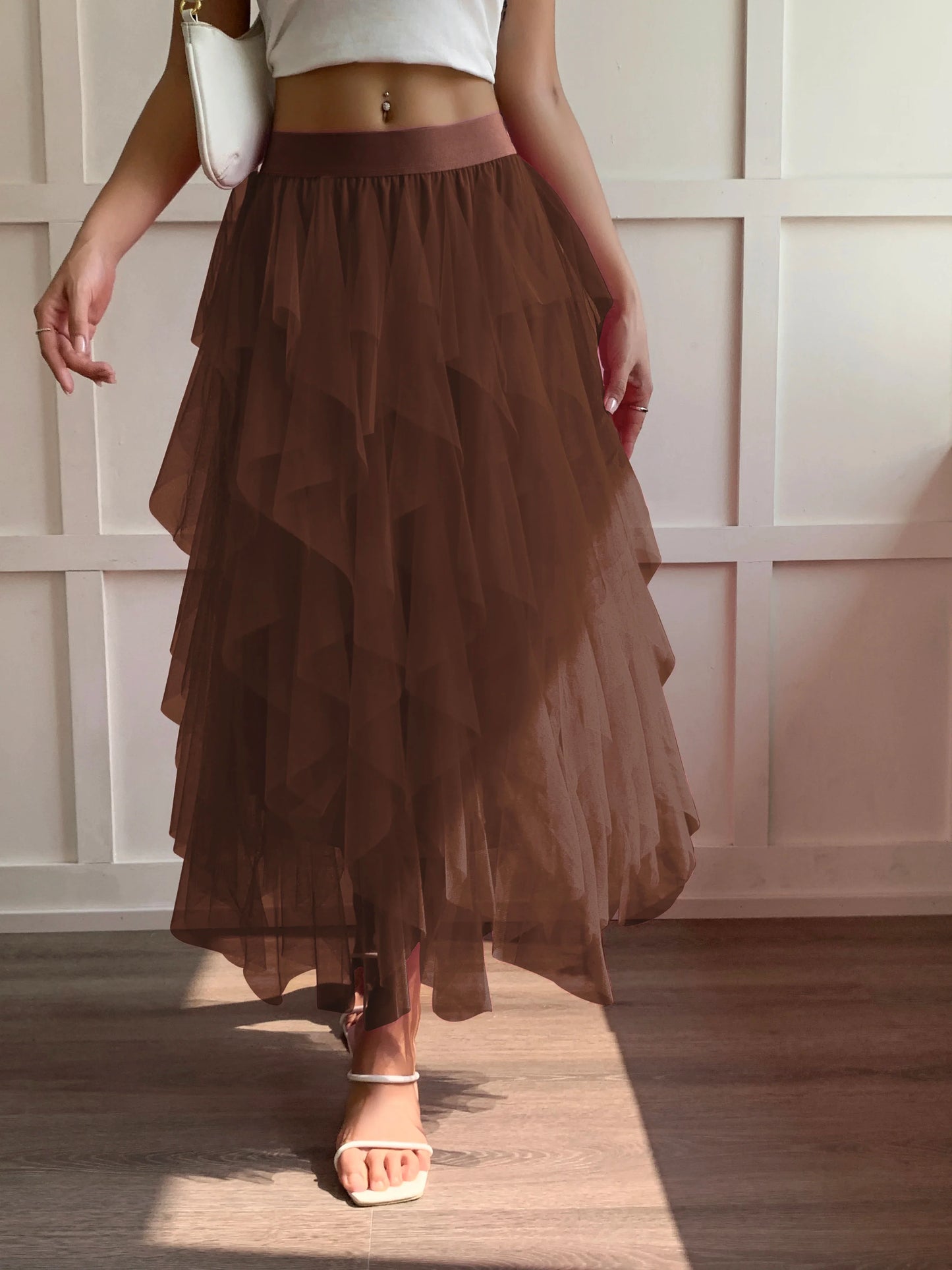 Medium waist chiffon long skirt for women, irregular layered pleated edge layered cake skirt, elegant fairy A-line skirt