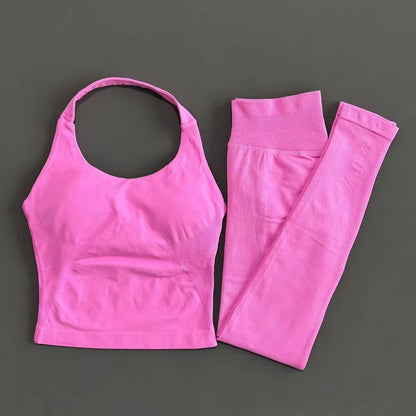 2 Piece Active Set Women Open Back Halter Top Peach Butt Lifting Leggings Seamless Soft Stretchy Gym Yoga Fitness Outfits