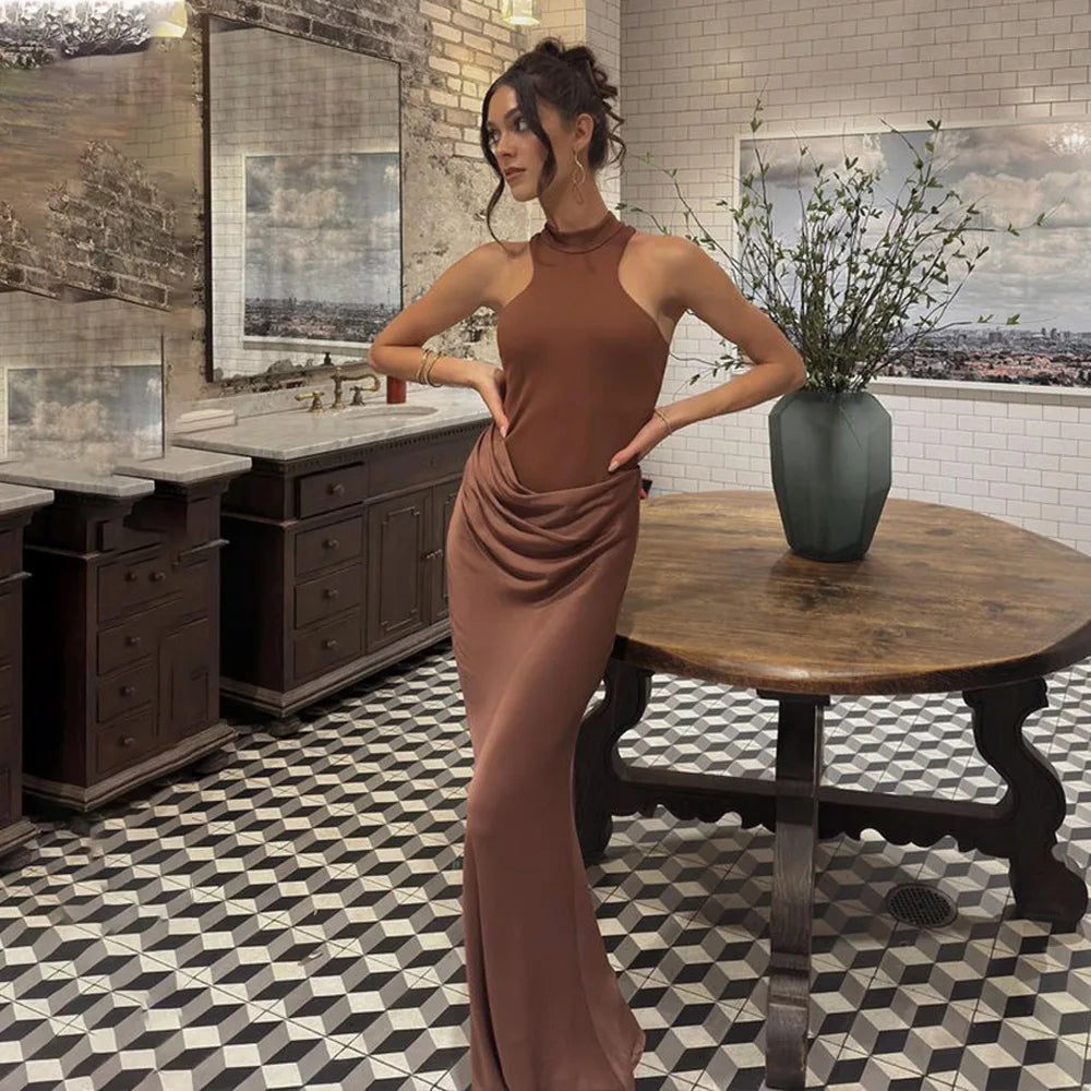 Satin Sexy Hollow Out Women Maxi Dress Black Sleeveless High Waist Dress Female Autumn Skinny Elegant Party Clubwear
