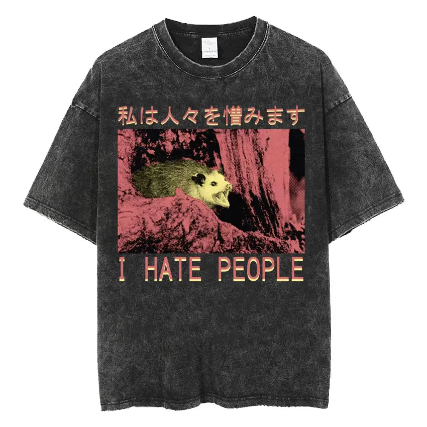 Amare Box No Thoughts Head Empty Japanese T-shirt Funny Capybara Vintage Washed T Shirt Men Women Casual Loose Short Sleeve Tees