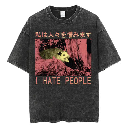 Amare Box No Thoughts Head Empty Japanese T-shirt Funny Capybara Vintage Washed T Shirt Men Women Casual Loose Short Sleeve Tees