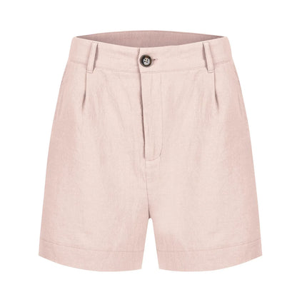 Cotton Linen Solid Shorts For Women Button High Waist Summer Loose Casual Pockets Shorts Female Pants Women Clothing